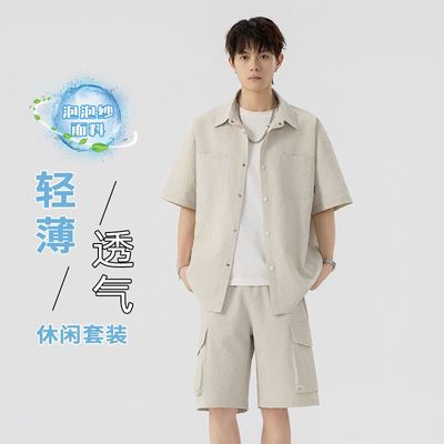 吾一白夏季薄款日系复古男士款宽松简约休闲潮牌短袖衬衫工装外套