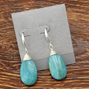 欧美风清新湖蓝水滴造型石头手工绕丝设计师气质潮人个性耳环坠饰