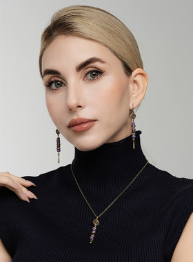 欧美紫色原石玉髓艺术耳坠项链