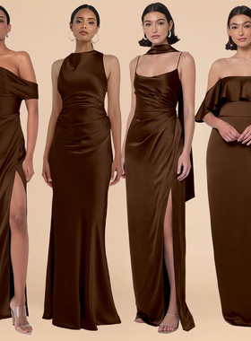 咖啡色伴娘服缎面2026新款高级感小众婚礼姐妹团绝美礼服平时可穿