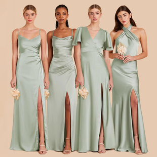 绿色缎面伴娘服礼服裙2025新款 平常可穿高级感小众显瘦遮肉姐妹团