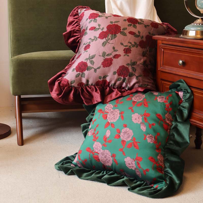 美式田园风复古玫瑰抱枕套客厅沙发靠垫午休飘窗靠枕刺绣红色提花