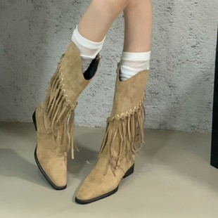 美拉德西部牛仔靴复古流苏短靴尖头粗跟中筒靴2024秋冬显瘦靴子