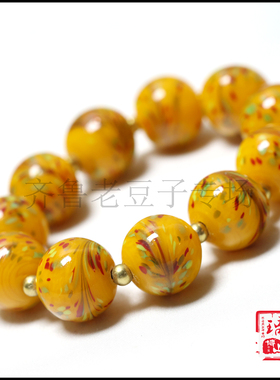 博山手工老琉璃珠子18毫米鸡油黄多色甩彩凤凰图腾凤尾琉璃珠手串