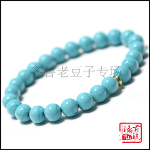 博山老琉璃珠子8毫米古法手工浅色暗纹搅胎松石蓝色琉璃珠手串