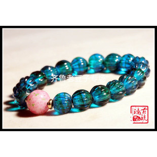 博山手工老琉璃珠子12毫米窑变孔雀蓝色古法蓝绿料南瓜型琉璃瓜珠