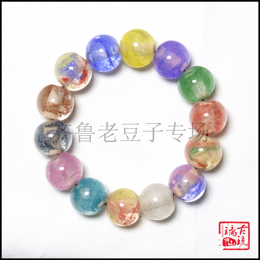 藏品 老琉璃珠子15毫米水晶套料春彩宇宙纹粉雾工艺幽灵多宝手串