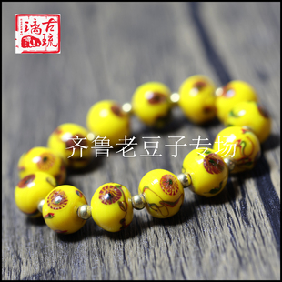 博山手工老琉璃珠子15毫米老料鸡油黄蒲云甩彩古法凤眼琉璃珠手串