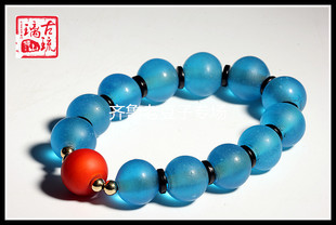 老琉璃珠子14-15mm油润橘皮纹浅水蓝果冻料老琉璃散珠 琉璃手链