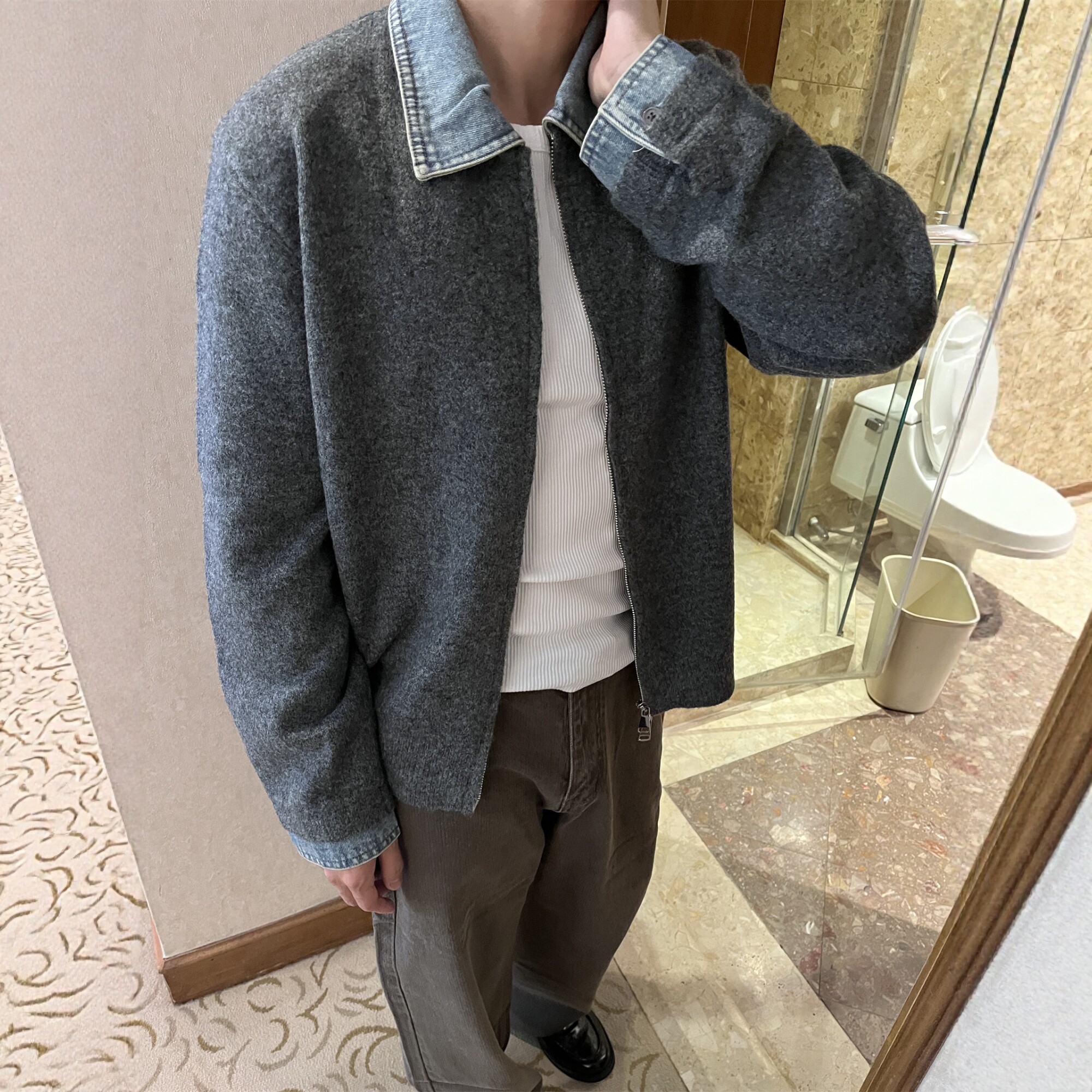 INTENSE 羊毛混纺拼接牛仔领拉链夹克秋季男士老钱假两件毛衣外套