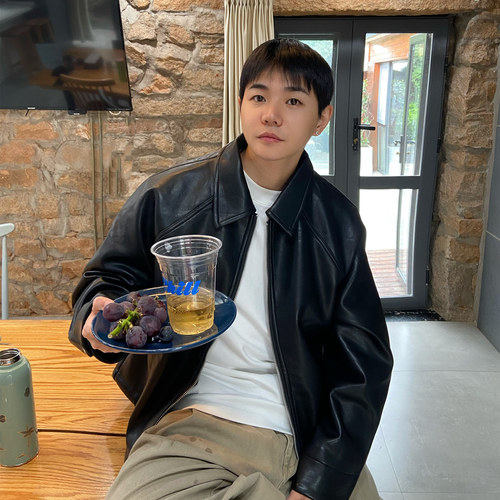 INTENSE金宇彬痞帅翻领短款皮衣