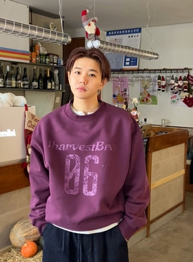 INTENSE 酱紫色加绒重磅卫衣男士小领口圆领上衣冬季厚款潮流打底