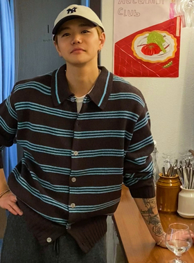 INTENSE 100%羊毛翻领开衫冬季男士美式休闲POLO领针织衫毛衣