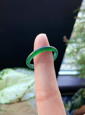 23号 自然光天然A货危料翡翠指环冰种深绿色辣阳绿细条戒指带证书