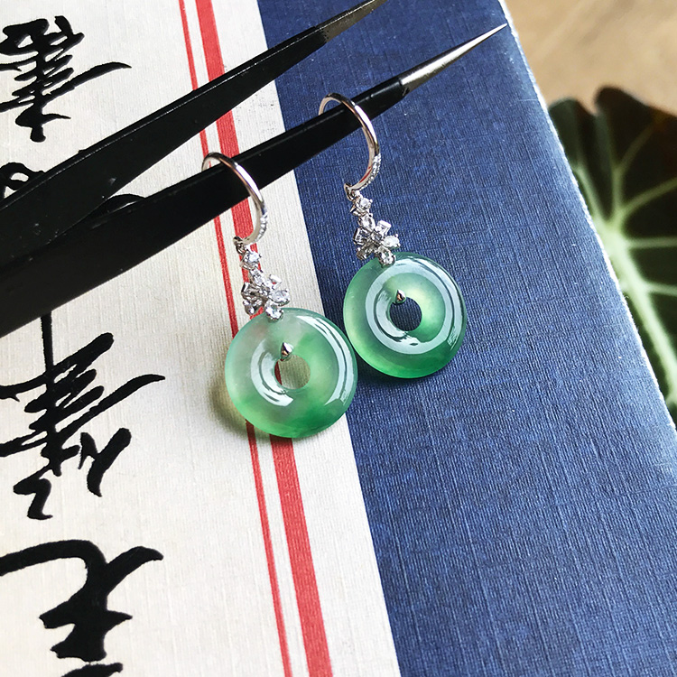 天然A货翡翠甜甜圈耳钩冰种满绿