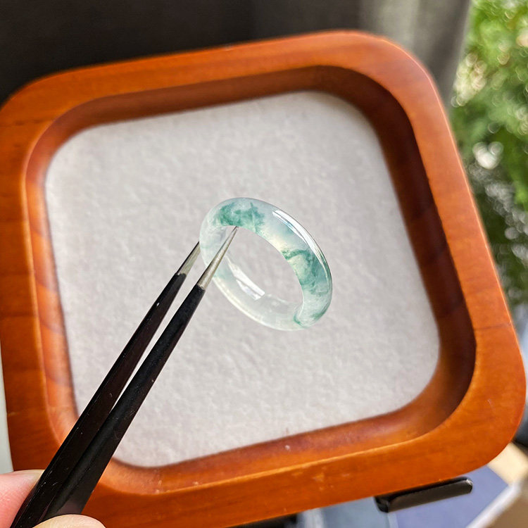 15号 缅甸料天然A货翡翠指环冰种飘蓝绿花白冰起光玉石戒指带证书