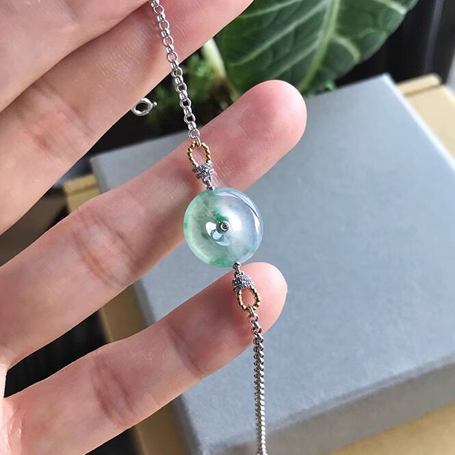 14mm缅甸料天然老坑A货翡翠平安扣手链冰种飘绿花起光18k金带证书