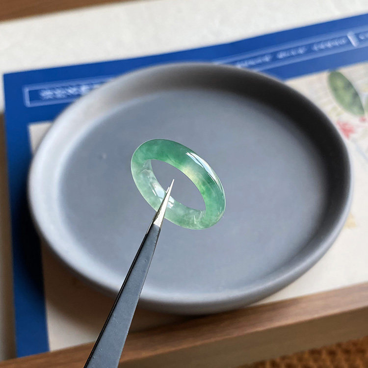 15号 缅甸天然A货翡翠指环冰种蓝绿色湖水绿起胶起光玉石戒指证书