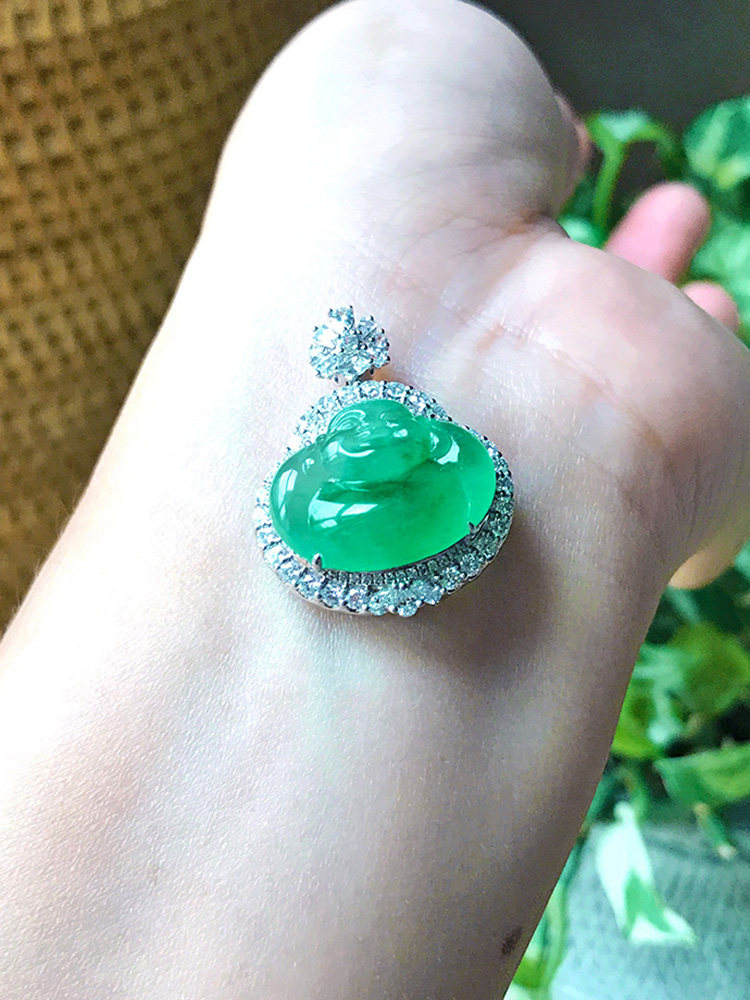 包缅甸料实拍老坑A货翡翠佛公冰种满色辣阳绿弥勒佛18k金镶嵌证书