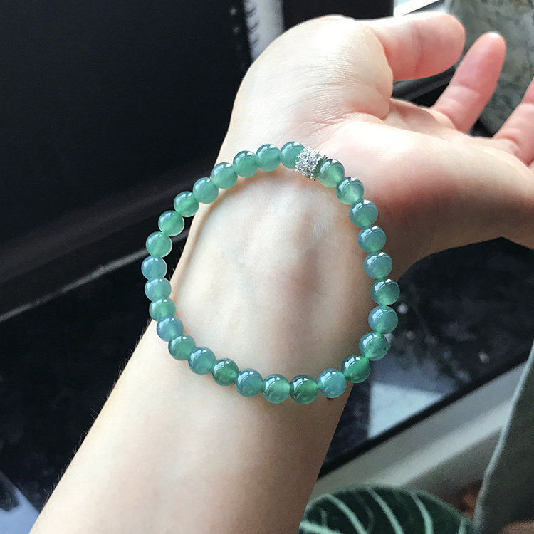 自然光A货翡翠手串冰种蓝水绿色起胶起光珠子手链天然危料带证书