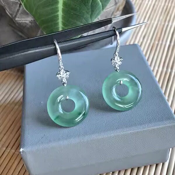 包缅料 天然老坑A货翡翠平安扣耳钩冰种晴水满绿飘阳绿甜甜圈耳环