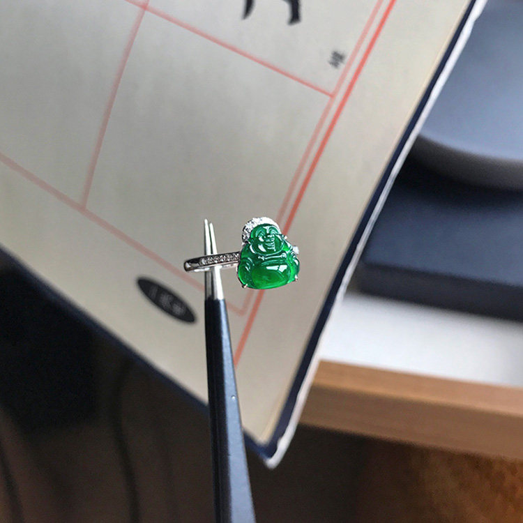 A货翡翠佛公戒指冰种阳绿辣绿色