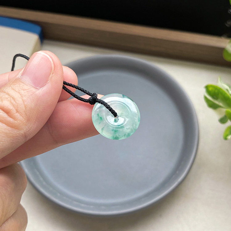 16mm缅甸料天然A货翡翠平安扣冰种飘蓝花小扣子裸石起光通透证书
