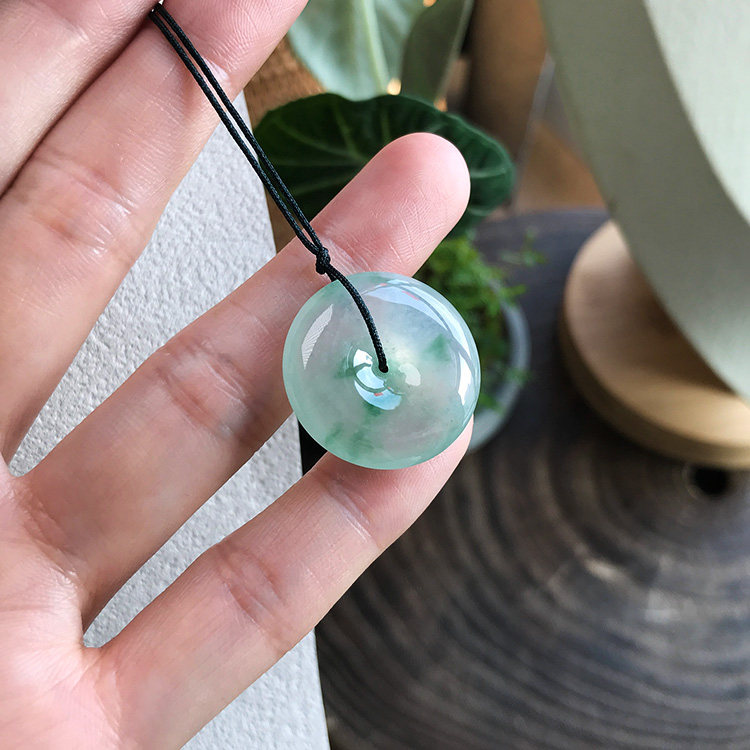 24mm 缅甸料天然老坑A货翡翠平安扣冰种飘绿花蓝绿色裸石起胶证书