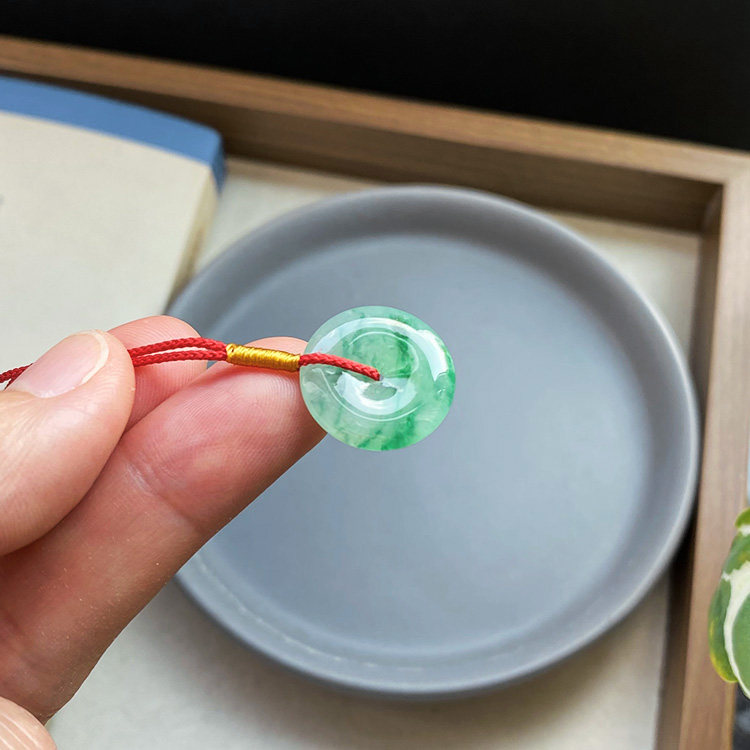 17mm 实拍缅甸天然A货翡翠平安扣冰糯种飘绿花翠色阳绿小扣子证书