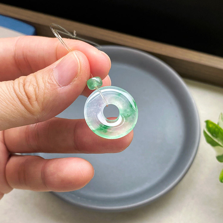 20mm 缅甸料A货翡翠甜甜圈冰种高冰飘绿花甜阳绿色平安扣裸石证书