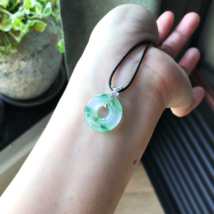 19mm 缅甸老坑A货翡翠甜甜圈平安扣冰糯种飘绿花起胶吊坠证书18K
