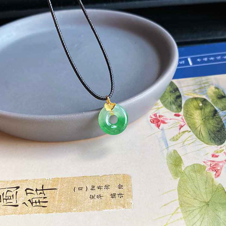 13mm半山半水缅甸料老坑A货翡翠甜甜圈平安扣冰种飘阳绿辣绿色18k