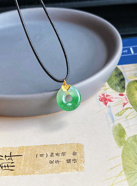 13mm半山半水缅甸料老坑A货翡翠甜甜圈平安扣冰种飘阳绿辣绿色18k