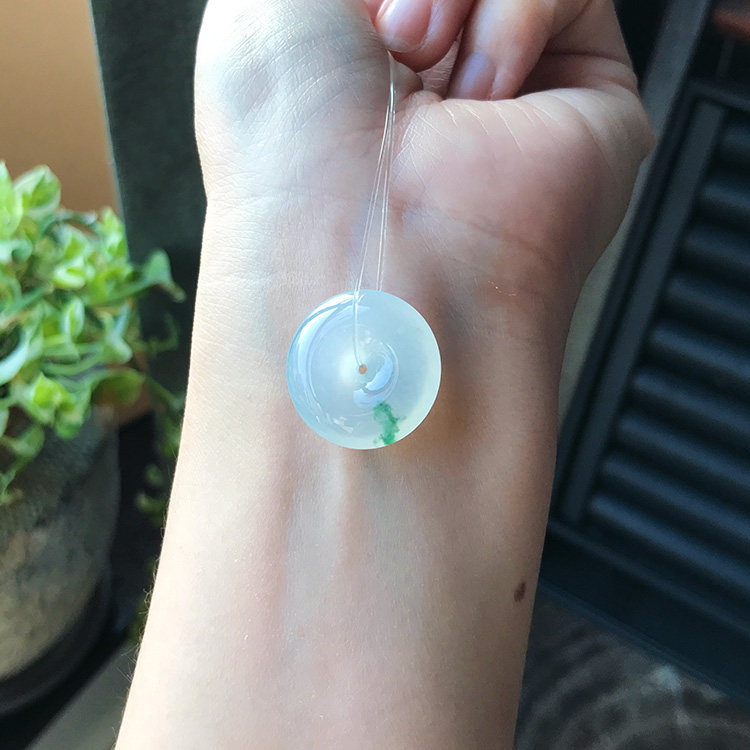 20mm自然光缅甸天然A货翡翠平安扣冰糯种飘绿花白冰起胶裸石证书