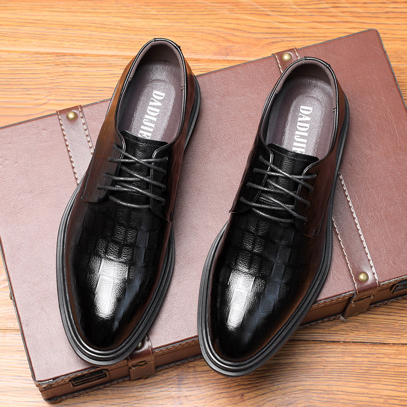LEATHER SHOES MENS BUSINESS FORMAL WEAR BRITISH CASUAL SHOES LEATHER BLACK WEDDING WEDDING GROOM SHOES YOUTH INNER HEIGHTENED MENS SHOES