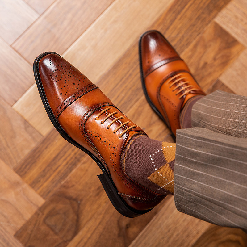 SQUARE SCALP SHOES MENS GENUINE LEATHER BUSINESS FORMAL WEAR BRITISH OXFORD SHOES CASUAL WEDDING GROOM SHOES BROCK PLUS SIZE MENS SHOES