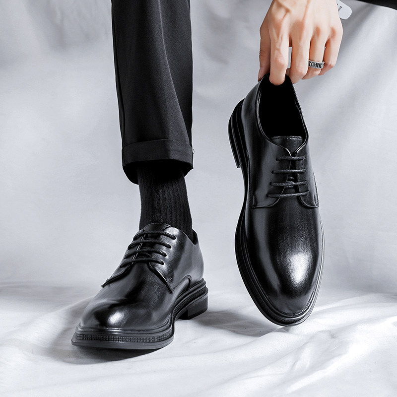 GRAY LEATHER SHOES MENS BUSINESS FORMAL WEAR HIGH-END WEDDING GROOM SHOES BRITISH CASUAL PLUS SIZE SPRING HEIGHT MENS SHOES