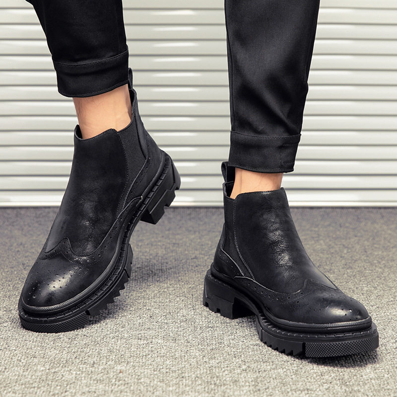 MARTIN BOOTS MENS LEATHER BRITISH STYLE CHELSEA BOOTS WINTER PILE TREND PLATFORM SOLES VINTAGE BROGUE HIGH-TOP MENS SHOES
