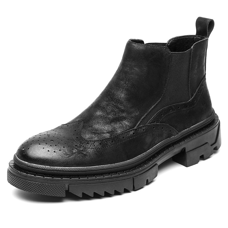 MARTIN BOOTS MENS LEATHER BRITISH STYLE CHELSEA BOOTS WINTER PILE TREND PLATFORM SOLES VINTAGE BROGUE HIGH-TOP MENS SHOES