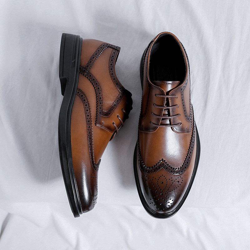 BROGUE LEATHER SHOES MENS LEATHER BROWN BUSINESS FORMAL WEAR BRITISH CASUAL WEDDING GROOM SHOES INSIDE INCREASE DERBY MENS SHOES