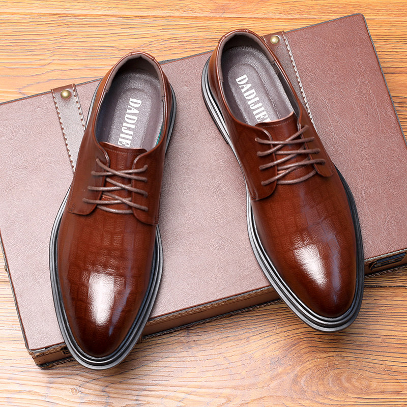LEATHER SHOES MENS BUSINESS FORMAL WEAR BRITISH CASUAL SHOES LEATHER BLACK WEDDING WEDDING GROOM SHOES YOUTH INNER HEIGHTENED MENS SHOES