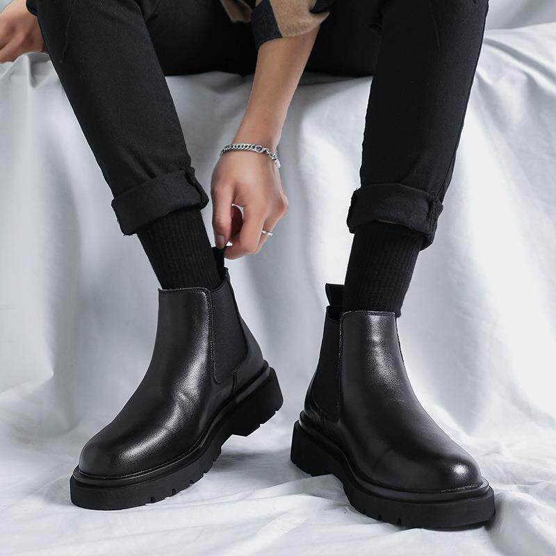 THICK-SOLED CHELSEA BOOTS MENS FLEECE AND WOOL BRITISH MENS SHOES MARTIN BOOTS LARGE SIZE BOOTS HIGH-TOP BUSINESS LEATHER SHOES LEATHER BOOTS