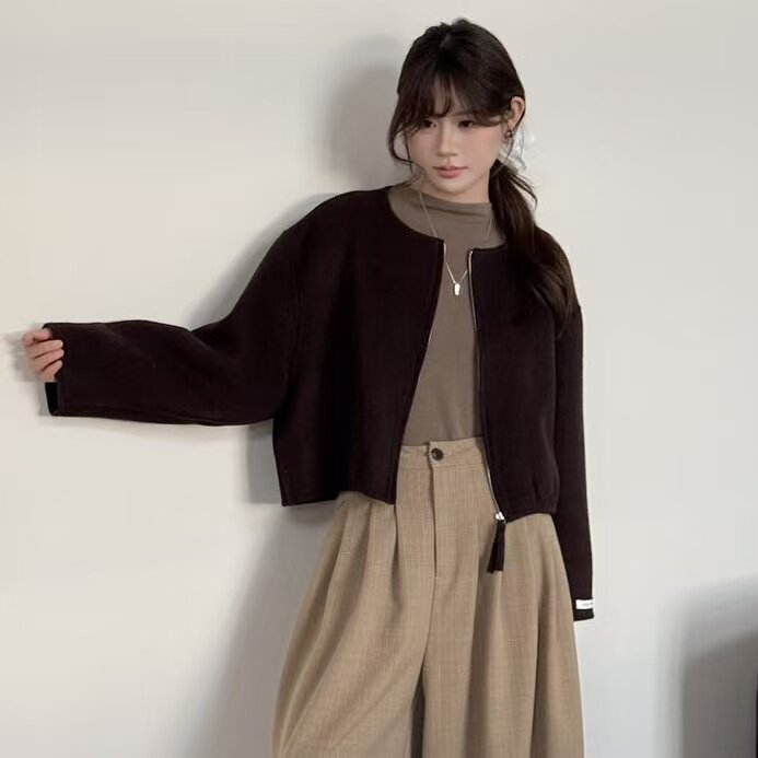 2026开春新款短款拉链纯色羊毛大衣时尚百搭圆领高级感毛呢外套女