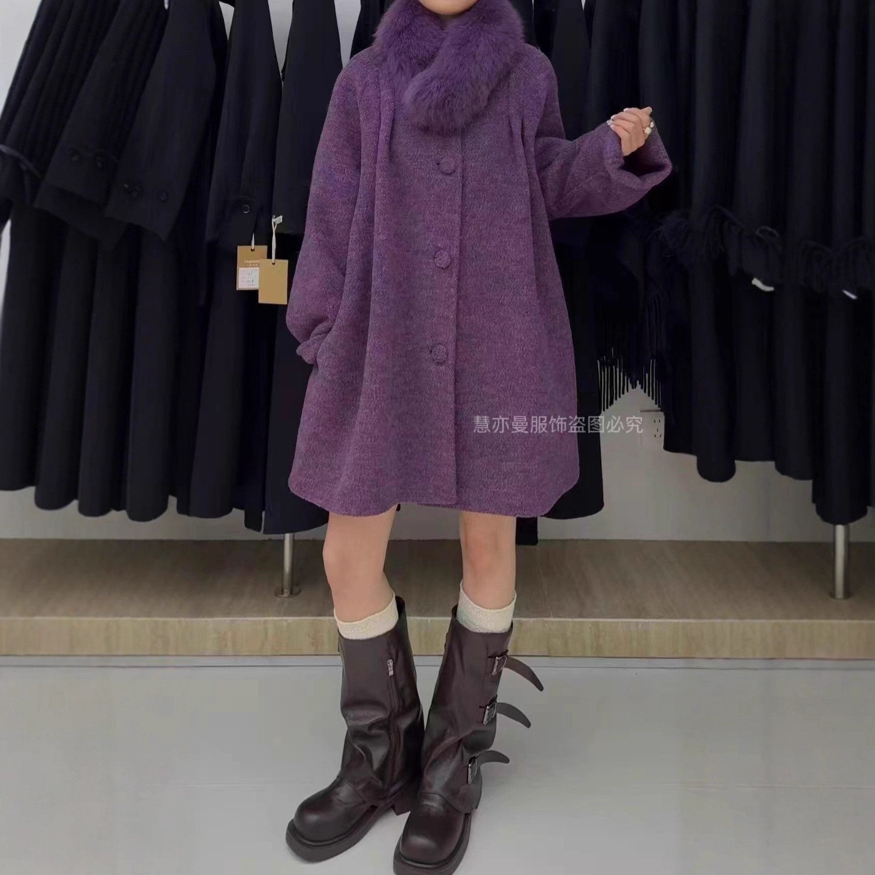 狐狸毛领中长款羊毛大衣阔版