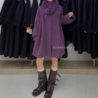 狐狸毛领中长款羊毛大衣阔版