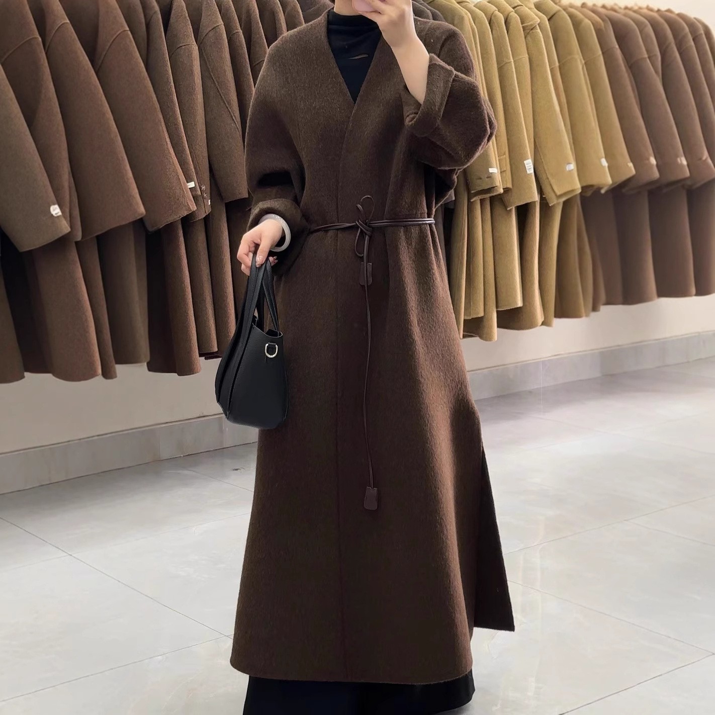 高级双面羊毛大衣女士24秋冬新款宽松V领系带开叉长款双面呢外套