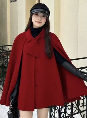 100羊毛全新升级双面羊毛大衣高级红色小香风富家千金斗篷外套女