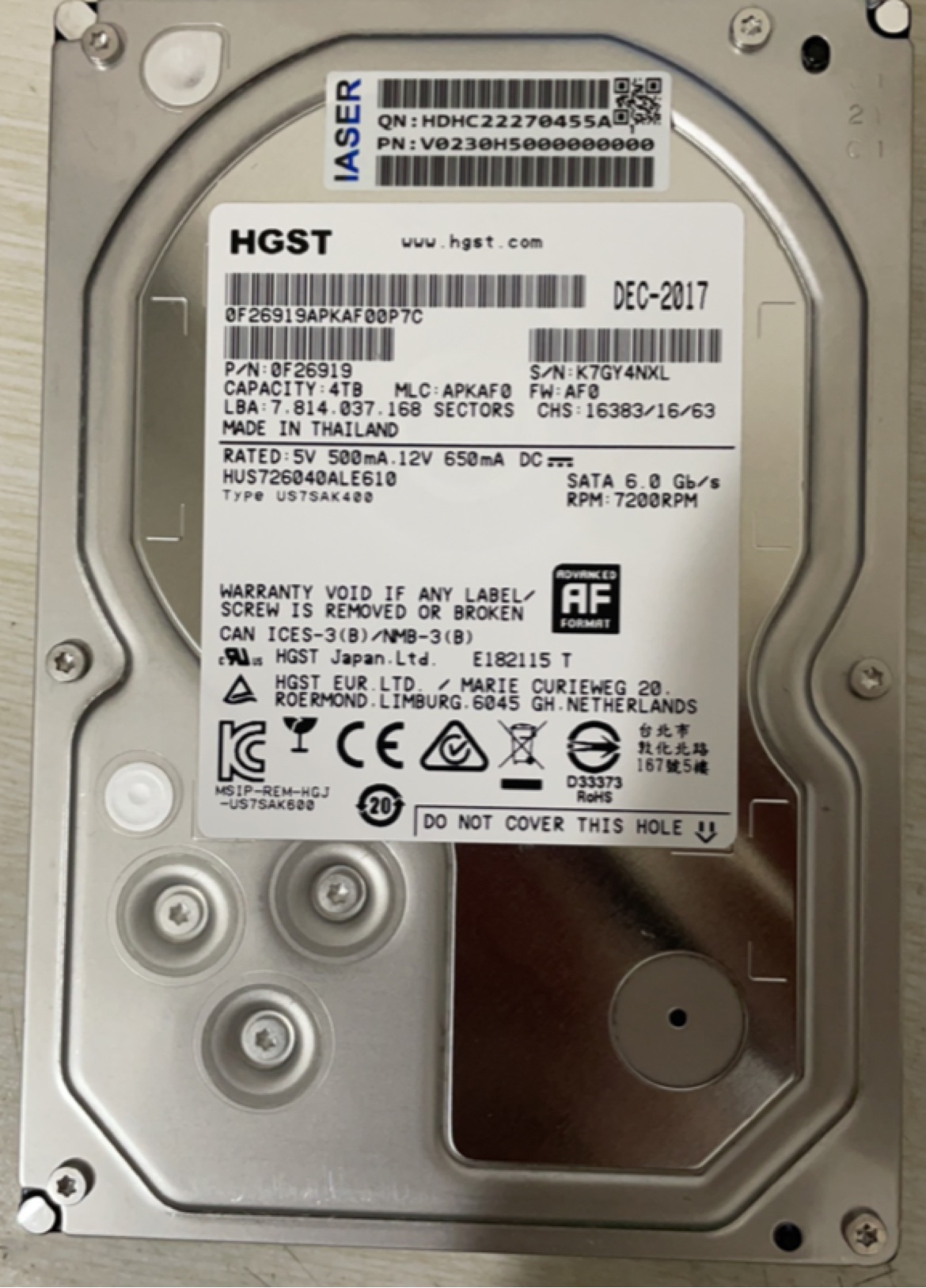 浪潮/日立 7K6000 HUS726040ALE610 128M 4T SATA 企业级 V0230H5