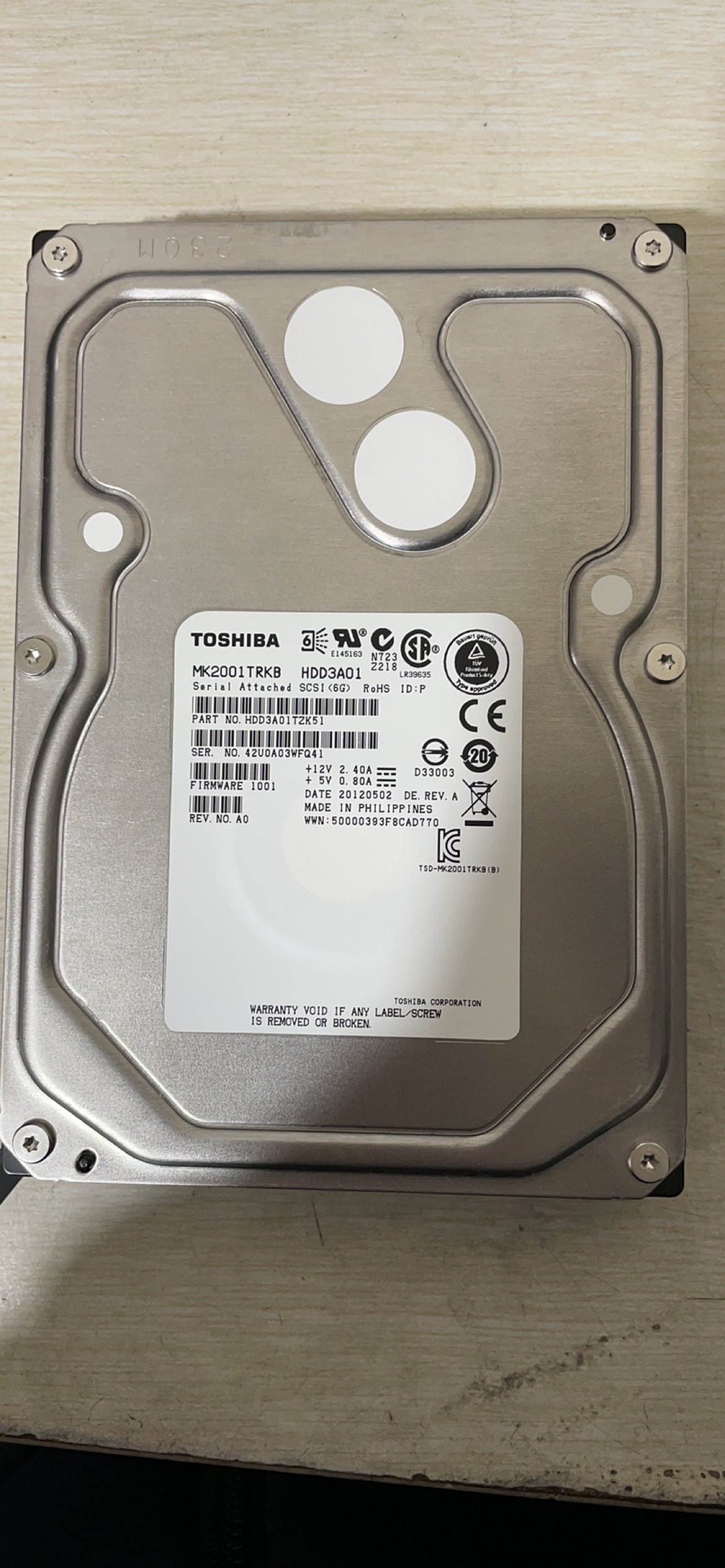 东芝 2T SAS MK2001TRKB 3.5寸 6G 全新库存