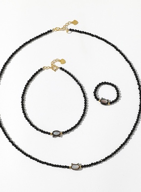 天然黑色尖晶石猫头吊坠项链手链戒指三件套套装网红个性锁骨链女